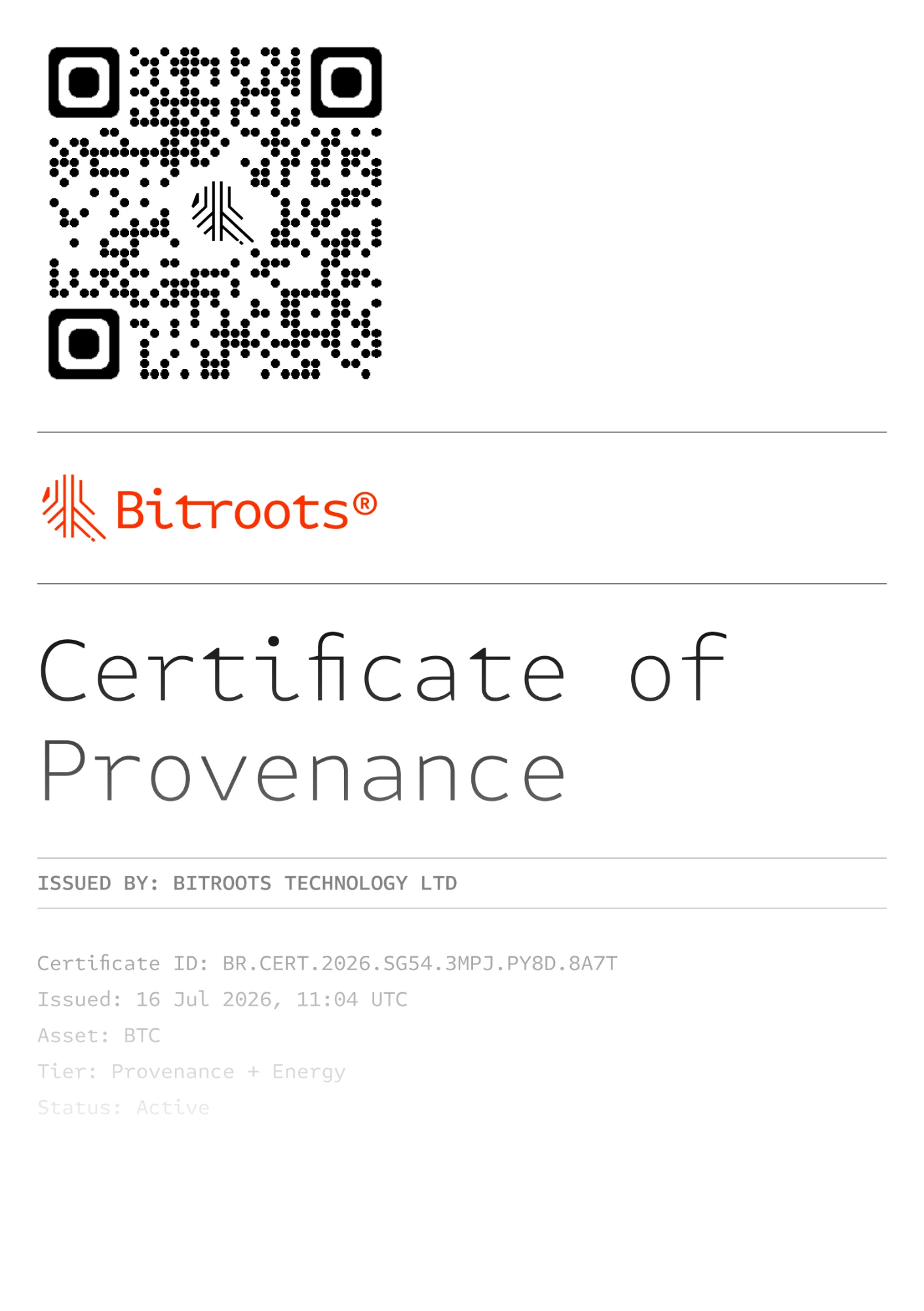 Bitroots Bitcoin Provenance Certificate, sample